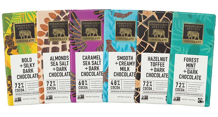 An assortment of chocolate bars from Endangered Species Chocolate. Each bar features vibrant packaging showcasing different endangered animals, including elephants, tigers, and chimpanzees. The chocolate bars are arranged neatly, displaying their rich colors and various flavors, such as dark chocolate with sea salt and milk chocolate with caramel.